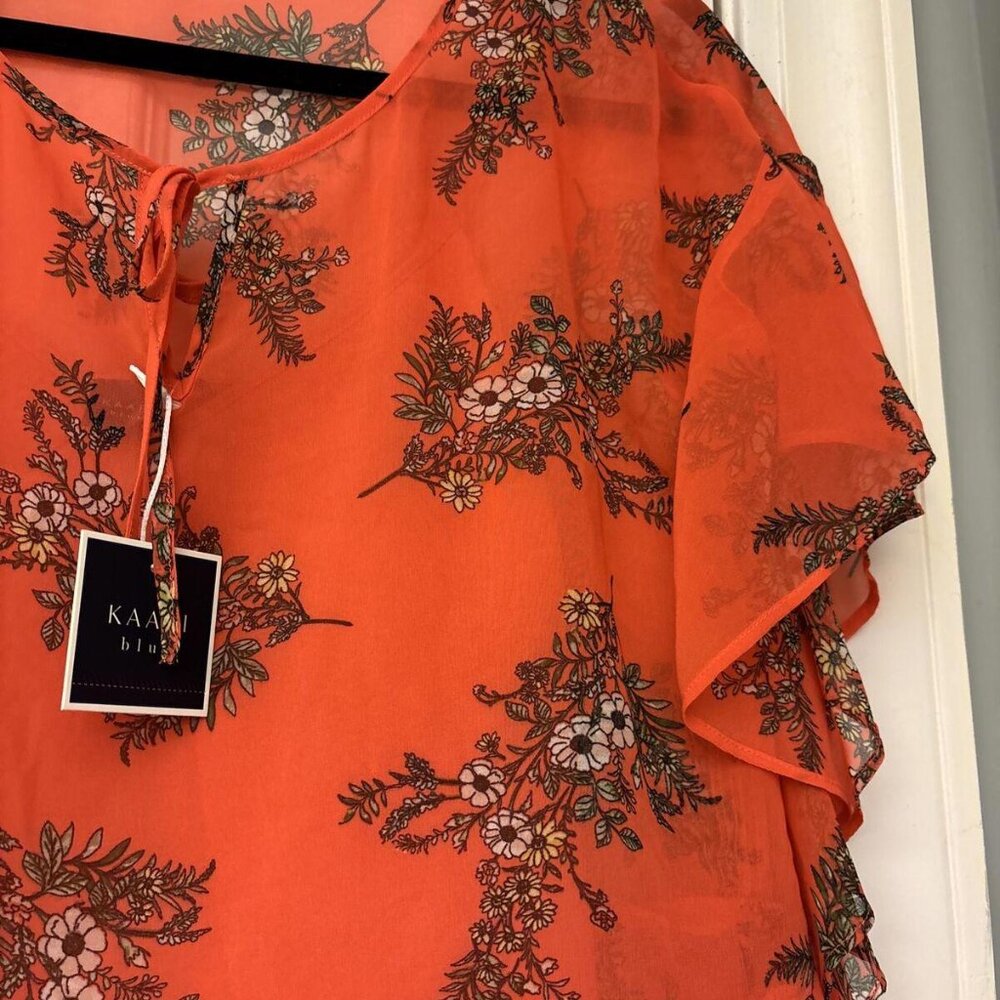 KAARI BLUE~ NWT $59 Coral Floral Top Boho Blouse Short Sleeves ~ M. New! - Picture 8 of 9